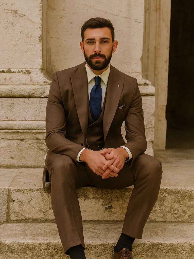 Brown designer suit with vest, tailored silhouette, textured fabric. Includes light shirt, dark blue tie, pocket square. Slim-fit trousers coordinate with the brown suit.