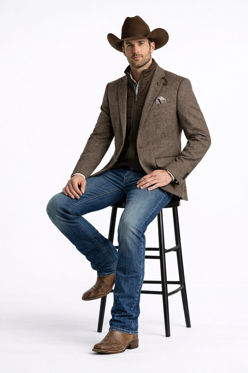 Men’s Brown Herringbone Tweed Cowboy Western Blazer – Classic Country Sport Coat Jacket for Ranch Wear, Cowboy Jacket