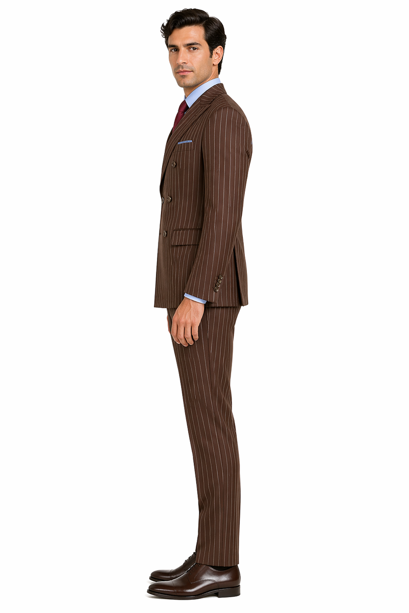 Mens Brown Pinstripe Double-Breasted Suit – Classic 6-Button Business and Vintage Style