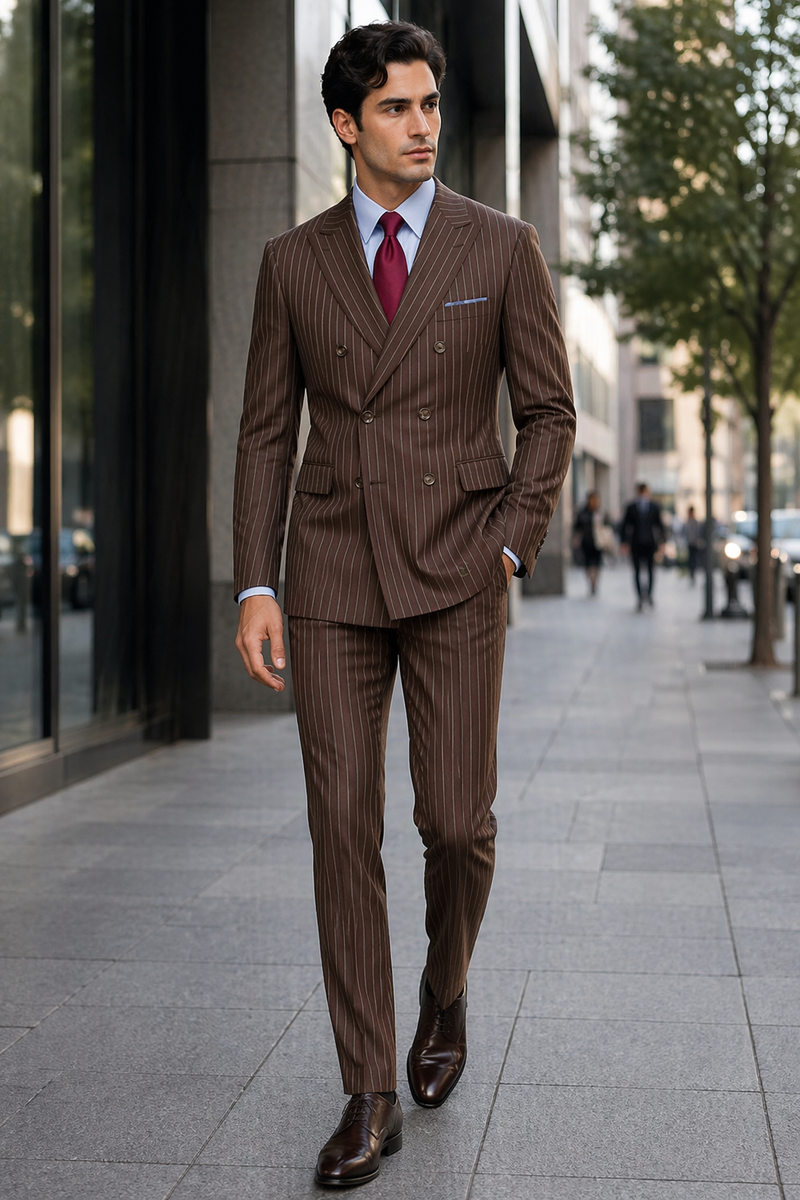 Mens Brown Pinstripe Double-Breasted Suit – Classic 6-Button Business and Vintage Style