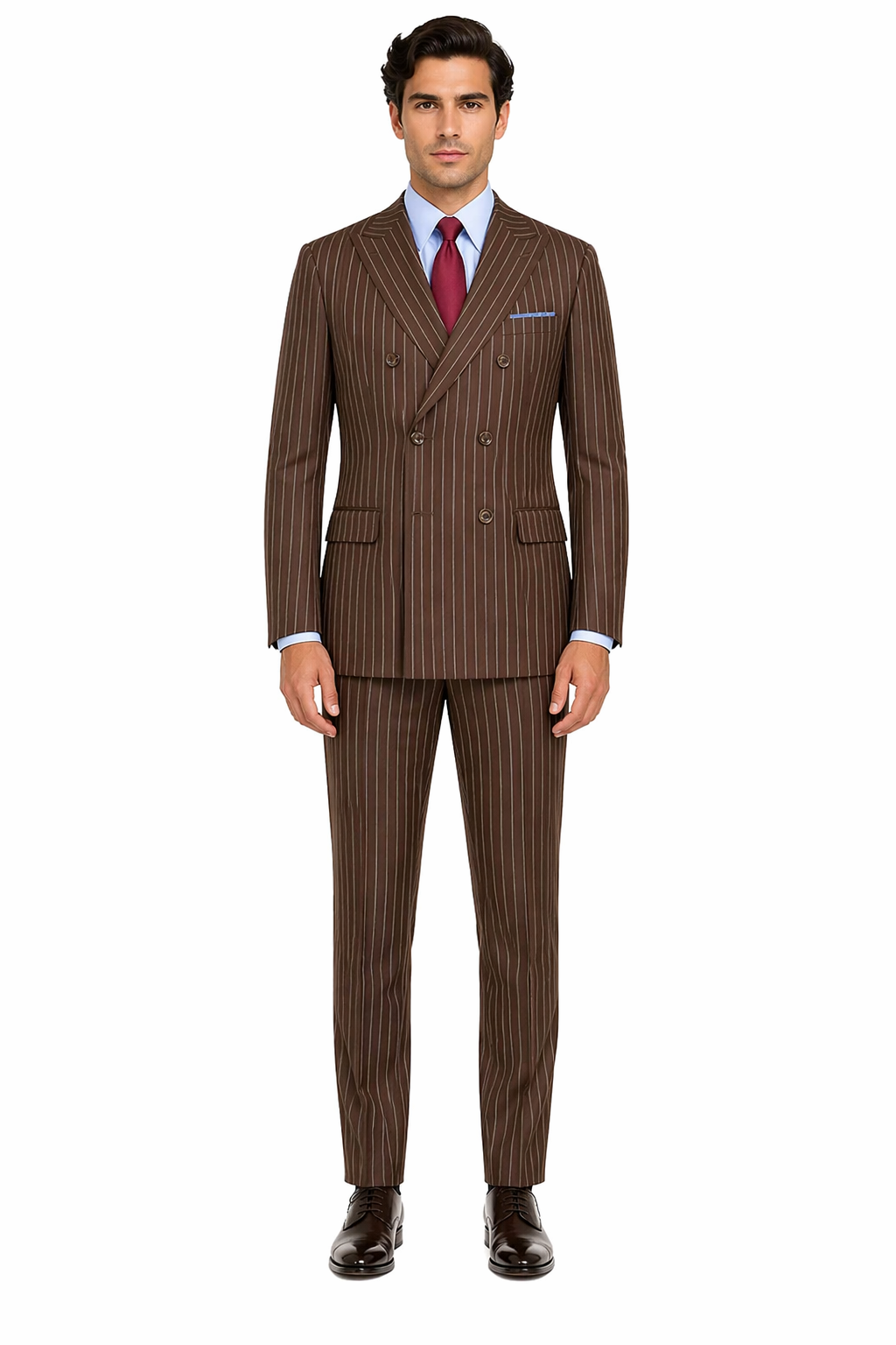 Mens Brown Pinstripe Double-Breasted Suit â€“ Classic 6-Button