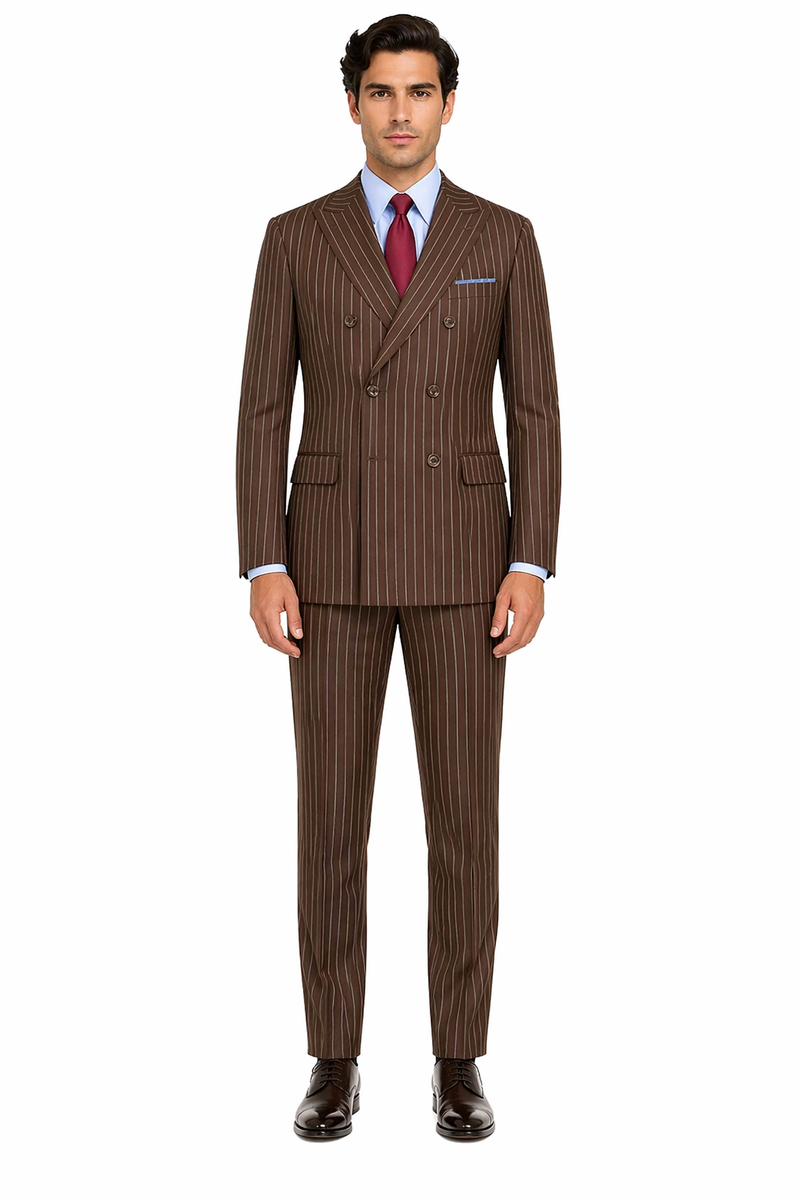 Mens Brown Pinstripe Double-Breasted Suit – Classic 6-Button Business and Vintage Style