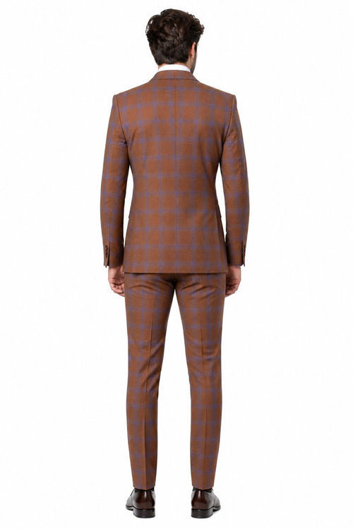 Men’s Brown Plaid Double-Breasted Suit – Premium 2-Piece Classic Checkered Windowpane Suit by Rossiman