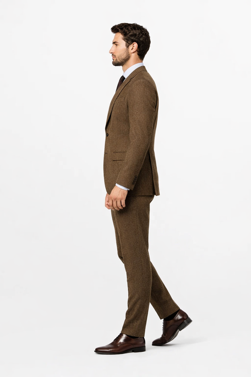 Mens Brown Wedding Suit - Tweed Herringbone English Country Fabric