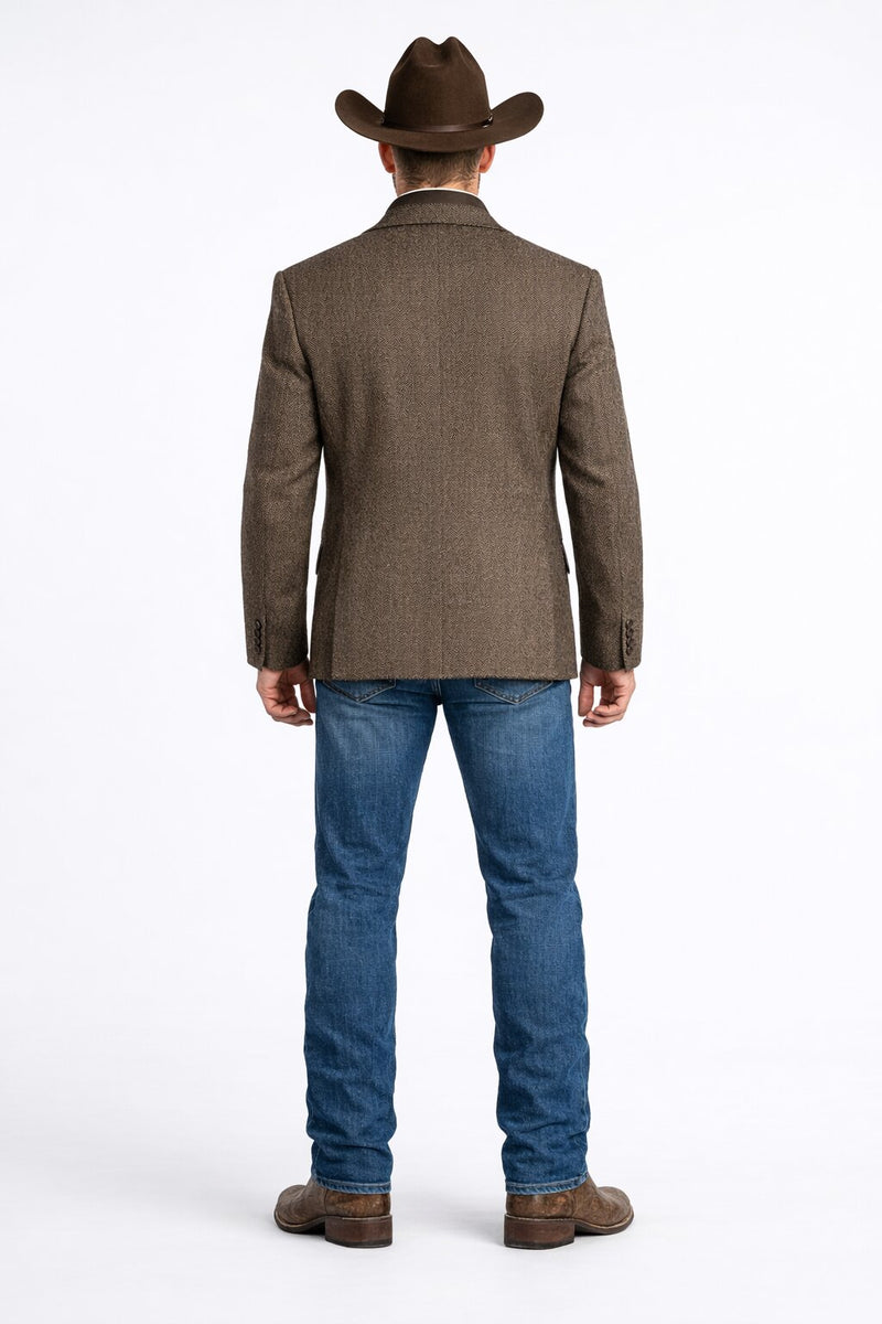 Men’s Brown Herringbone Tweed Cowboy Western Blazer – Classic Country Sport Coat Jacket for Ranch Wear, Cowboy Jacket