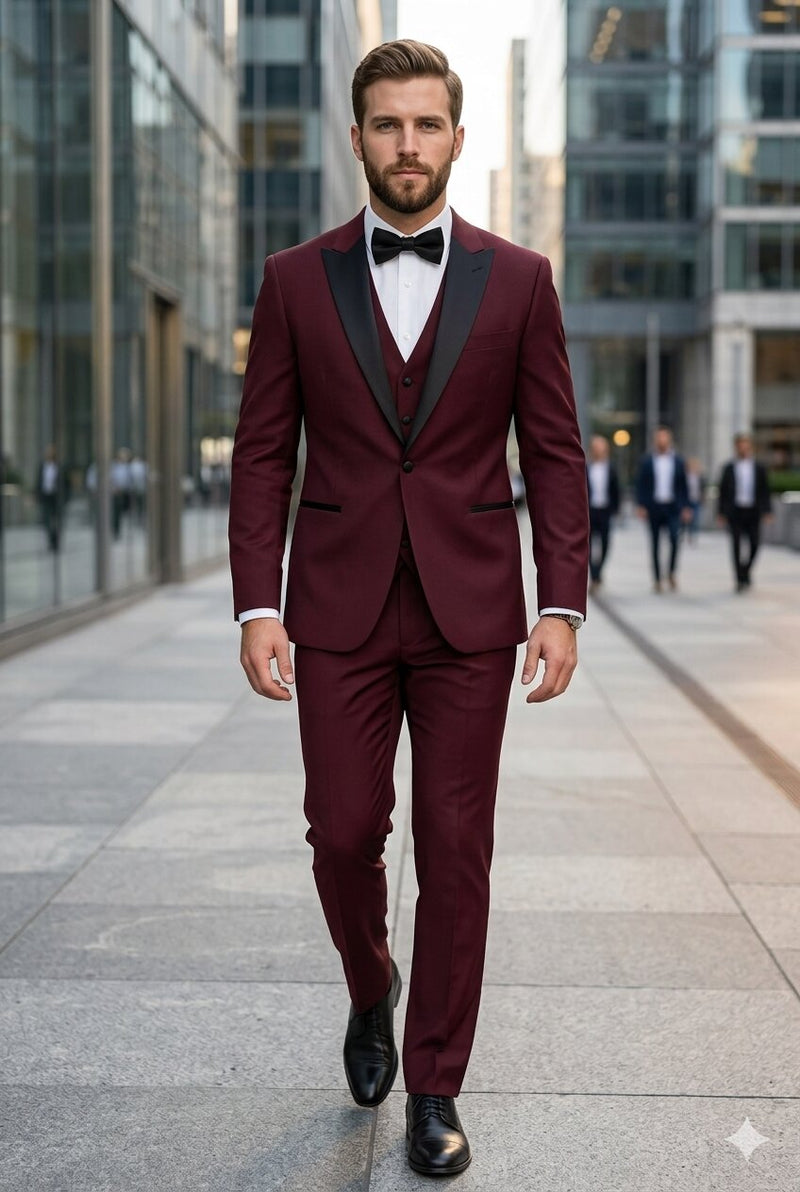 Men's Vested One Button Peak Lapel Designer Wedding Tuxedo in Burgundy