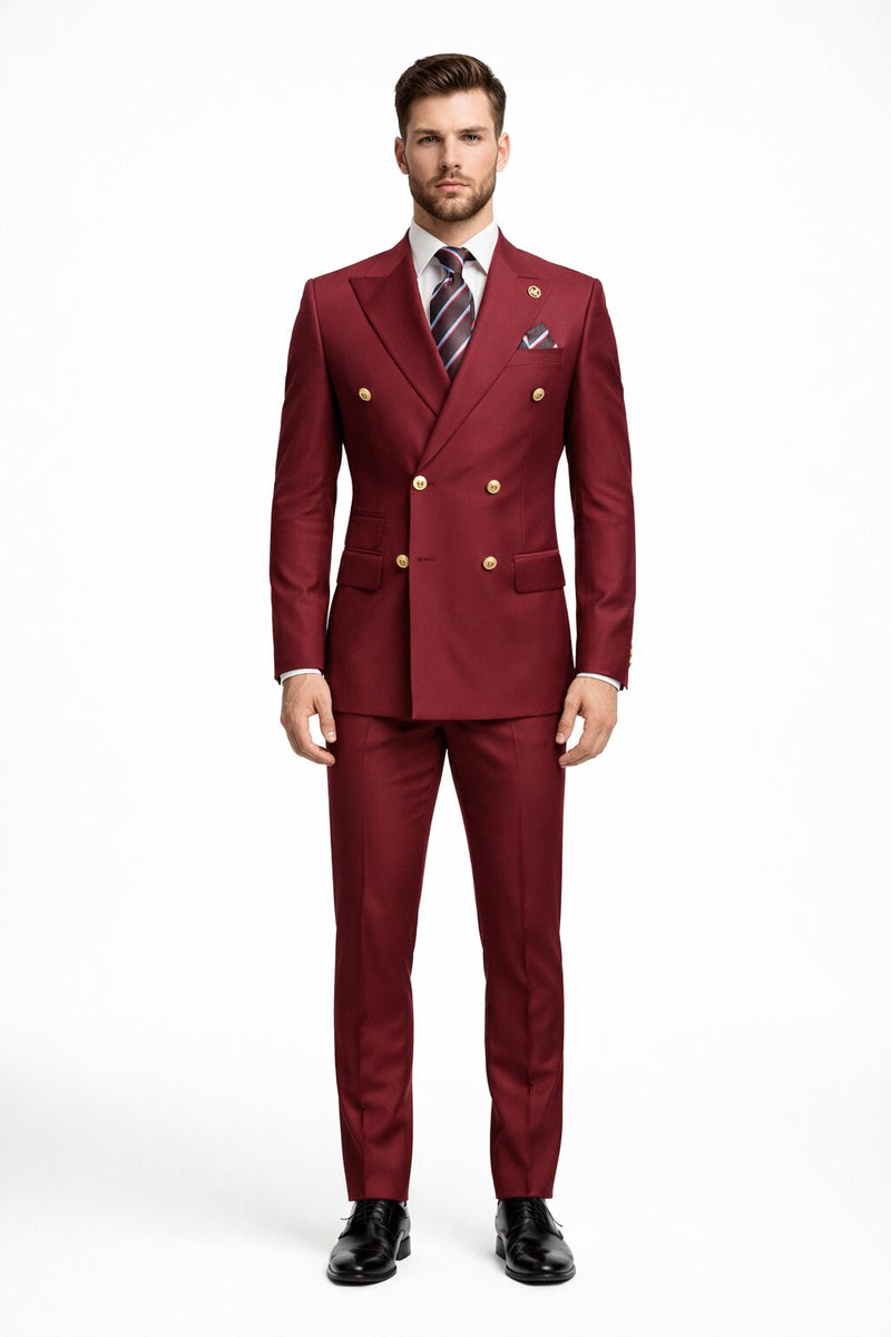 Mens Designer Modern Fit Double Breasted Wool Suit with Gold Buttons in Burgundy