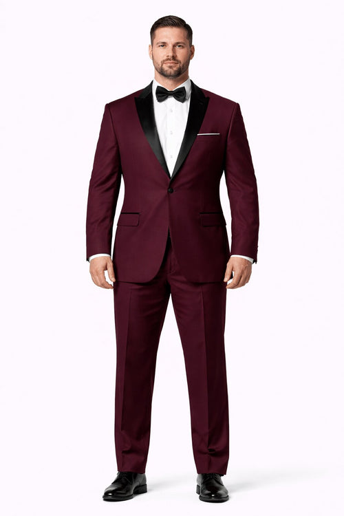 Men’s Slim Fit One Button Satin Trim Peak Lapel Tuxedo in Burgundy – Prom & Wedding Formal Suit