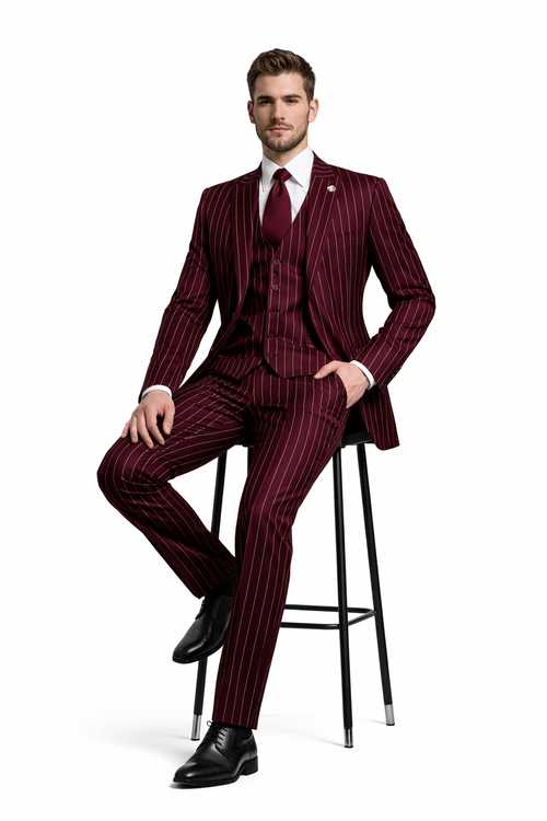 Mens 2 Button Vested 3 Piece Gangster Bold Pinstripe Suit Burgundy