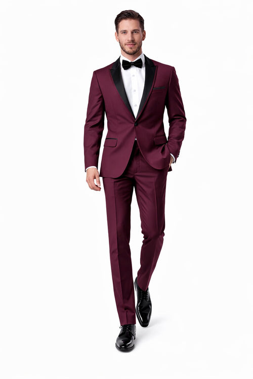 Men’s Slim Fit One Button Satin Trim Peak Lapel Tuxedo in Burgundy – Prom & Wedding Formal Suit