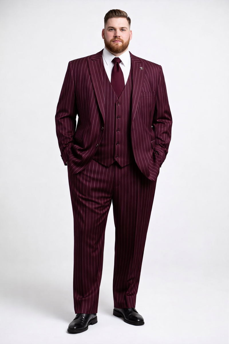 Mens 2 Button Vested 3 Piece Gangster Bold Pinstripe Suit Burgundy