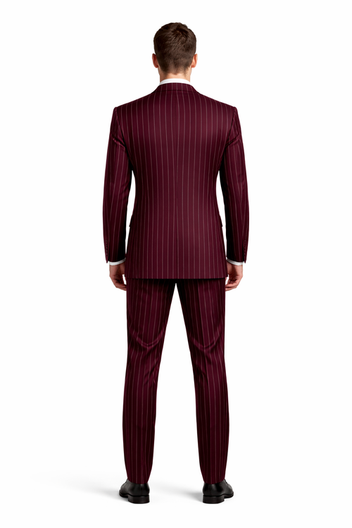 Mens 2 Button Vested 3 Piece Gangster Bold Pinstripe Suit Burgundy