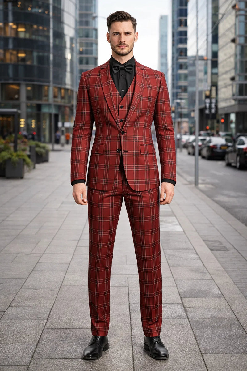Mens Burgundy Plaid Three-Piece Suit รขโฌโ Ultra Slim Fit Checkered Windowpane Redish 544-10