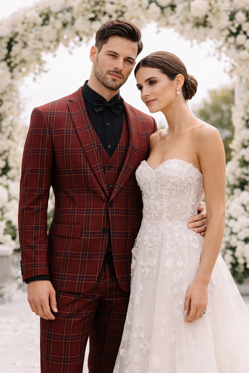 Mens Burgundy Plaid Three-Piece Suit รขโฌโ Ultra Slim Fit Checkered Windowpane Redish 544-10