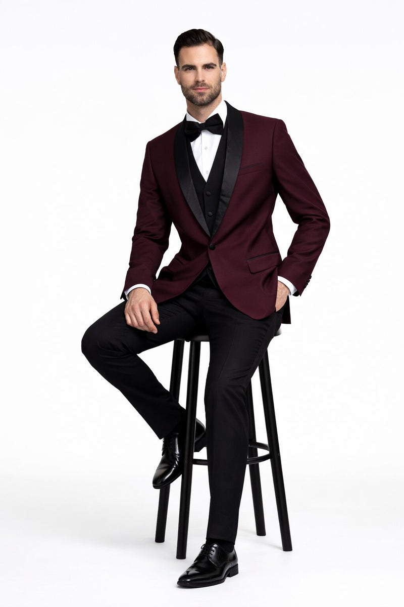 Mens 1 Button Shawl Lapel Wool Dinner Classic Jacket Burgundy