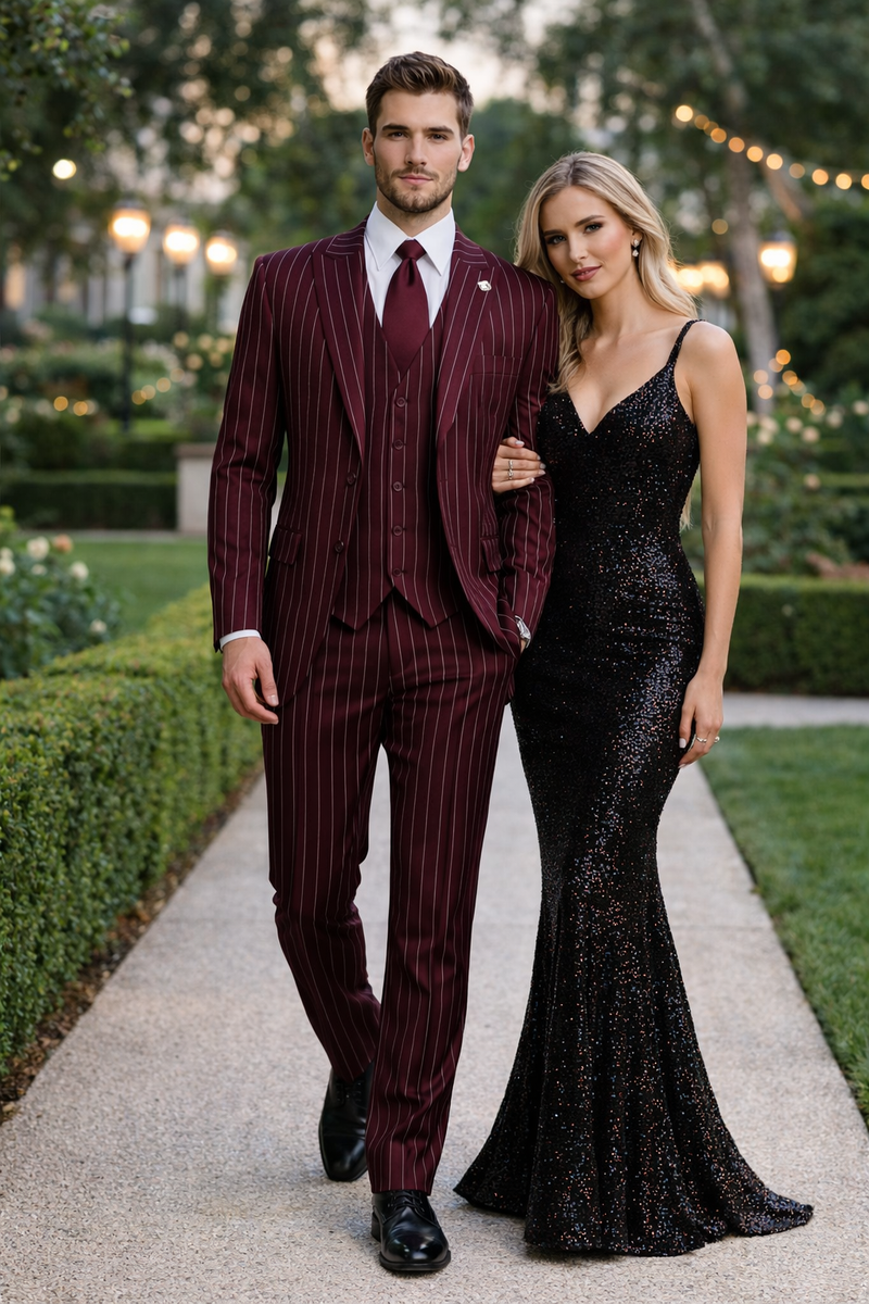 Mens 2 Button Vested 3 Piece Gangster Bold Pinstripe Suit Burgundy