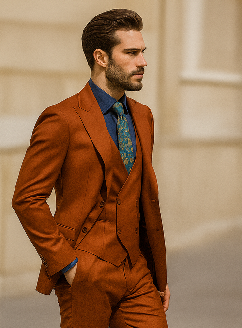 Luxury men's suit: fitted orange blazer & matching pants. Navy shirt, modern blazer cut with vest, patterned tie. Smooth, structured materials for an upscale, tailored appearance.