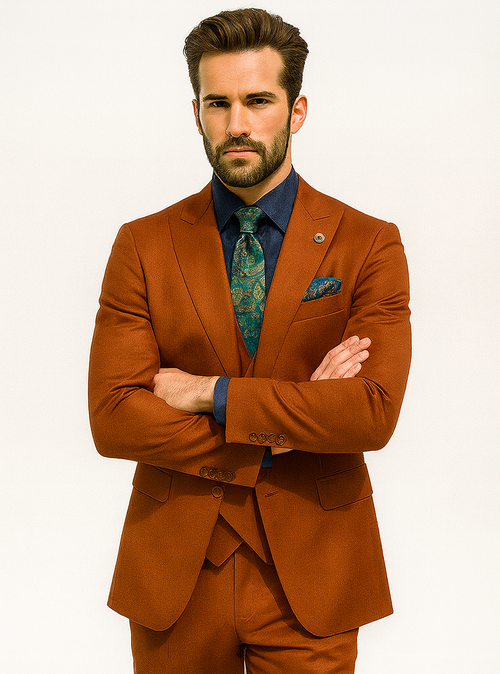 Luxury men's orange suit with fitted jacket (notched lapels, 3-button) and matching vest. Modern navy shirt, patterned tie (green/blue). Sharp tailoring, structured shoulders, and side pockets. Tapered vest.