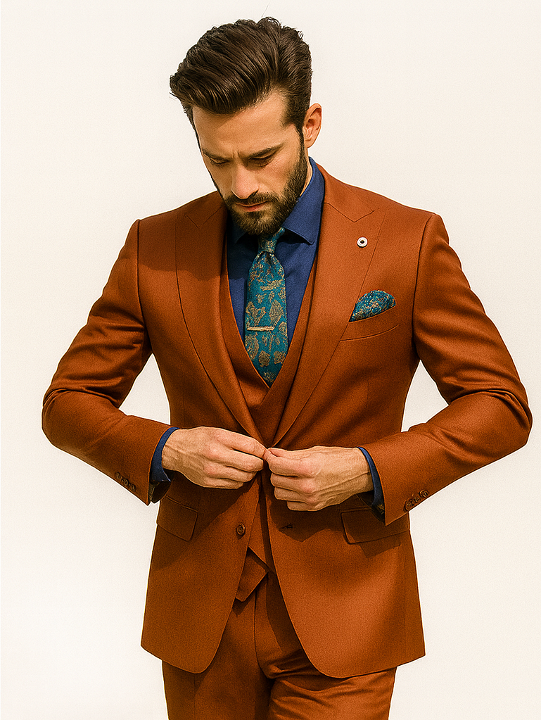 Luxury Men’s Orange Suit with Vest and Navy Shirt – Modern Style
