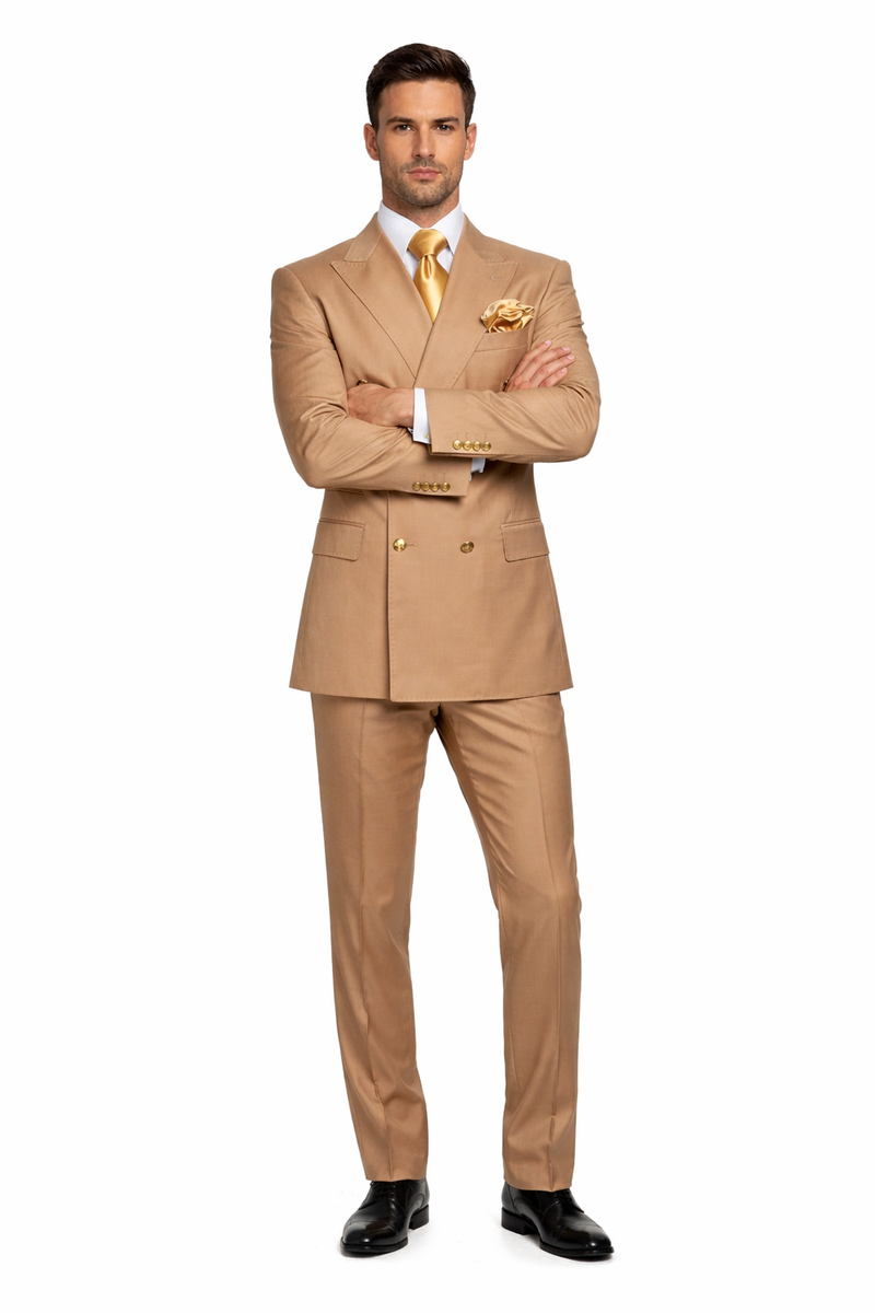 Mens Camel - Bronze - Goldish khaki Double-Breasted Suit - Luxury 2-Piece Formal Set with Gold Buttons and Peak Lapels by Rossi Man