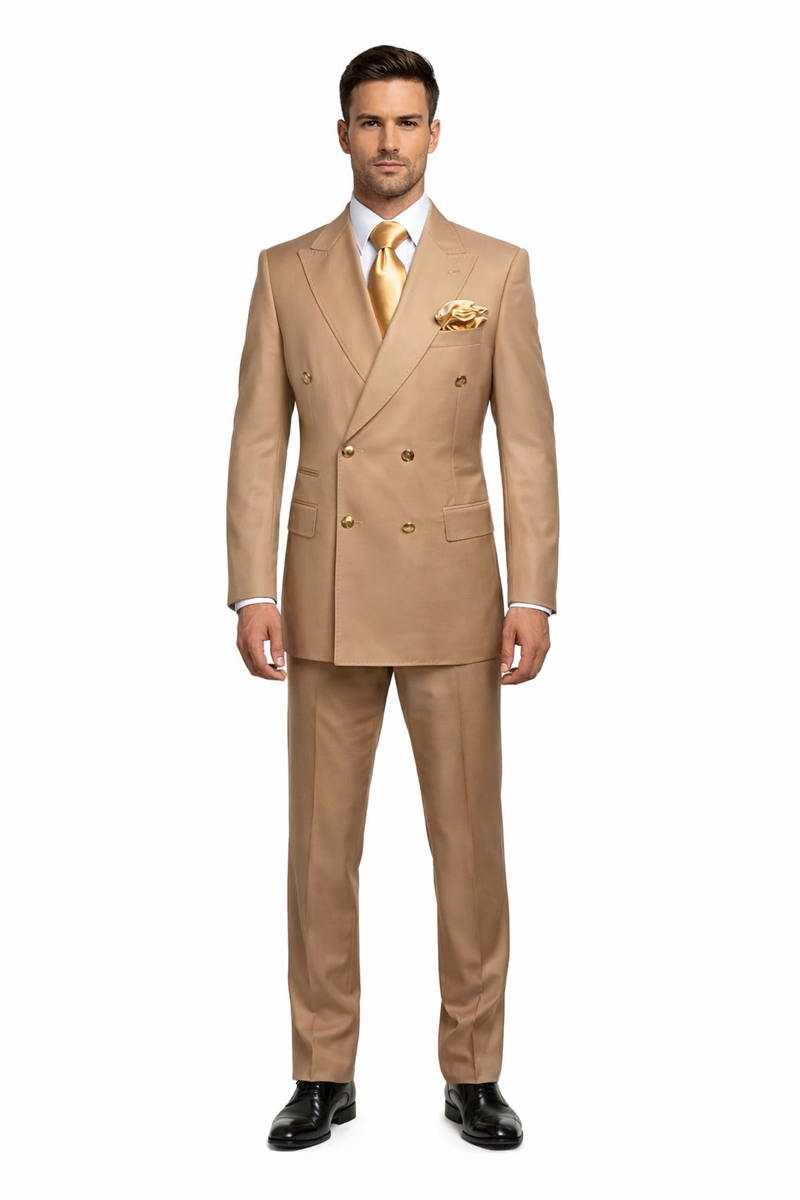 Mens Camel - Bronze - Goldish khaki Double-Breasted Suit - Luxury 2-Piece Formal Set with Gold Buttons and Peak Lapels by Rossi Man