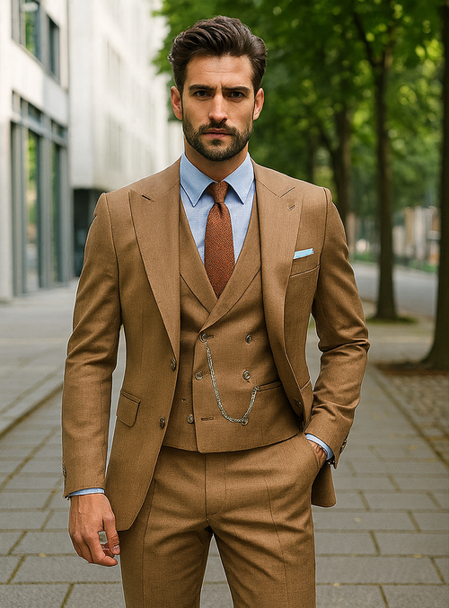 Elegant camel brown suit with vest. Tailored fit, double-breasted jacket, and smooth fabric. Includes waistcoat with chain detail and matching color shirt for a sophisticated look.