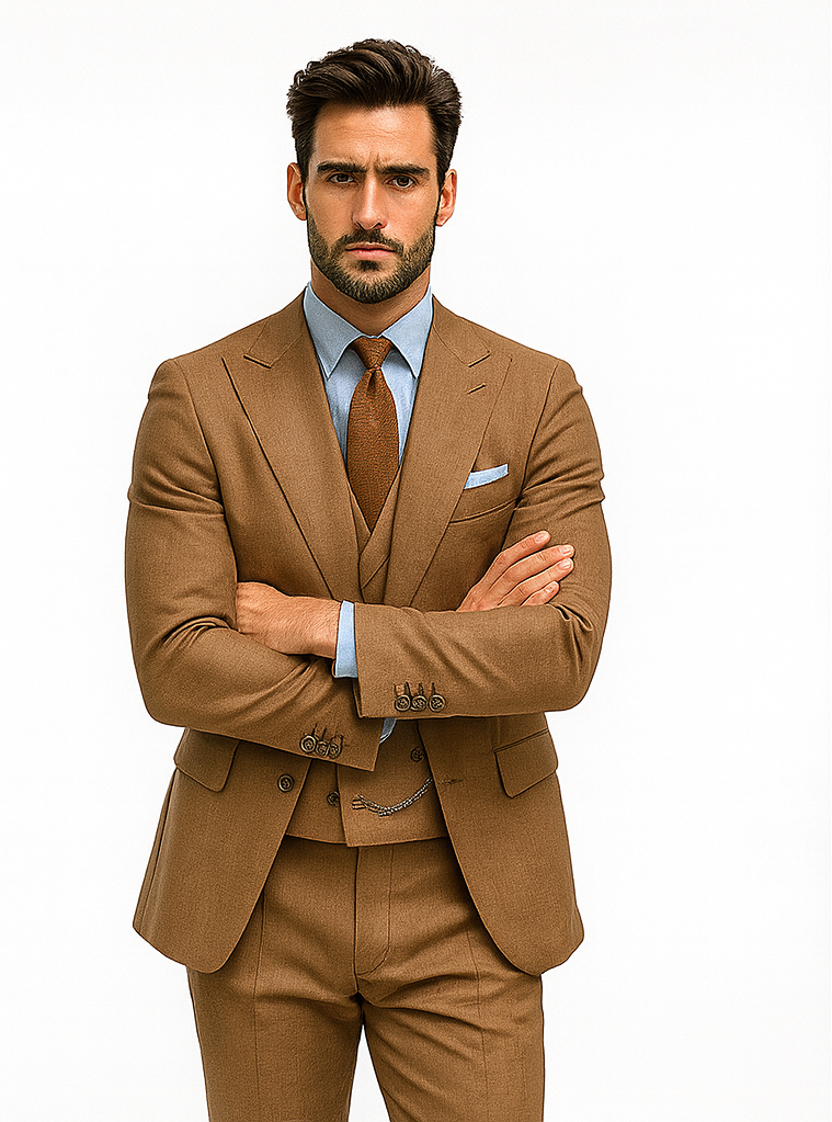Luxury camel brown men's suit with vest, tailored fit. Smooth, structured fabric. Single-breasted blazer, notch lapels. Includes trousers. Worn with light blue shirt and brown tie.