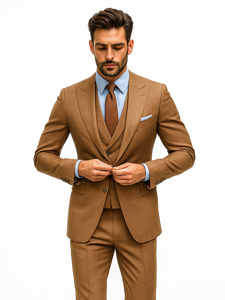 Camel brown luxury suit: fitted jacket, matching trousers, and vest. Slim-fit jacket with notched lapels and multiple buttons. Fine-textured fabric. Light blue shirt provides contrast.