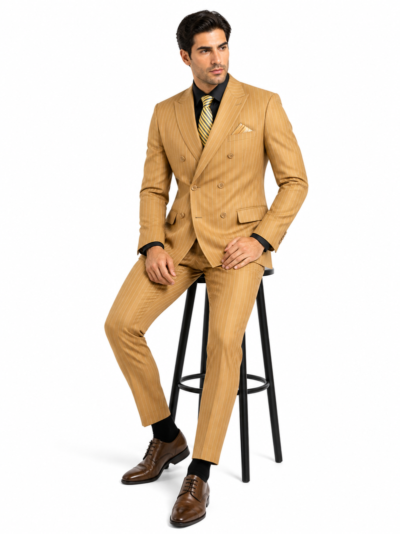 Mens Camel Tan Pinstripe Double-Breasted Suit - Bold 6-Button Modern Vintage Style