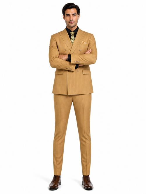Mens Camel Tan Pinstripe Double-Breasted Suit - Bold 6-Button Modern Vintage Style