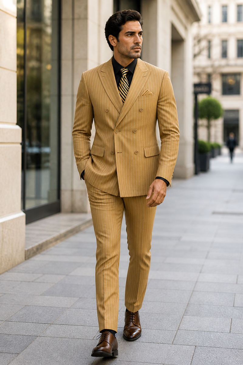 Mens Camel Tan Pinstripe Double-Breasted Suit - Bold 6-Button Modern Vintage Style