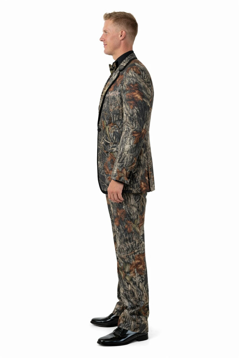 Army Green Tuxedo - Camouflage Patterned - Two Toned Vested Olive Camo Single Breasted 2 Button One Chest Pocket Tuxedo