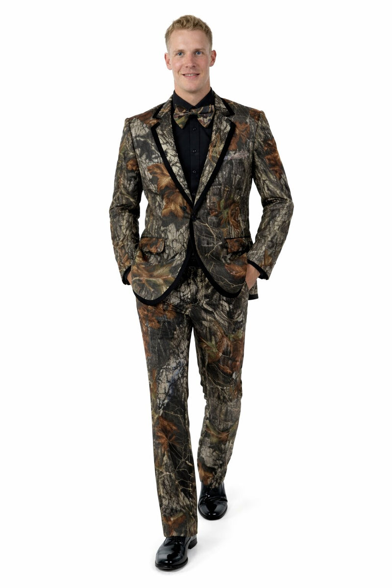 Army Green Tuxedo - Camouflage Patterned - Two Toned Vested Olive Camo Single Breasted 2 Button One Chest Pocket Tuxedo