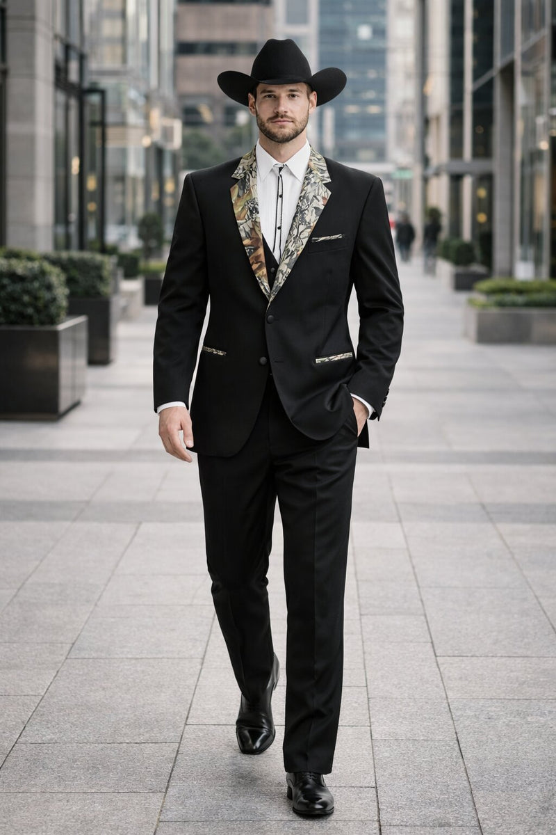 Army Green Tuxedo - Camouflage Patterned - Two Toned Vested Olive Camo 2 Button Single Breasted Tuxedo