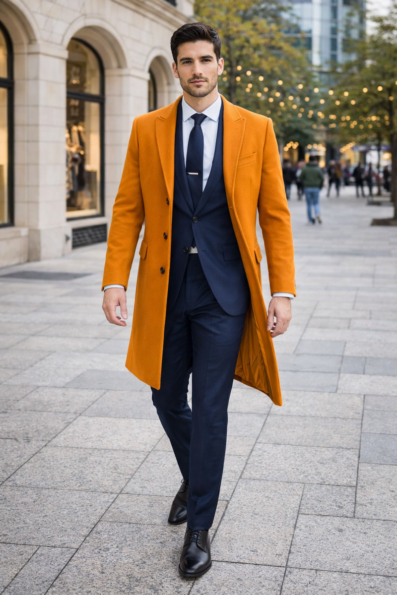 Mens Carcoat - Orange Three Quarter Peak Lapel Topcoat