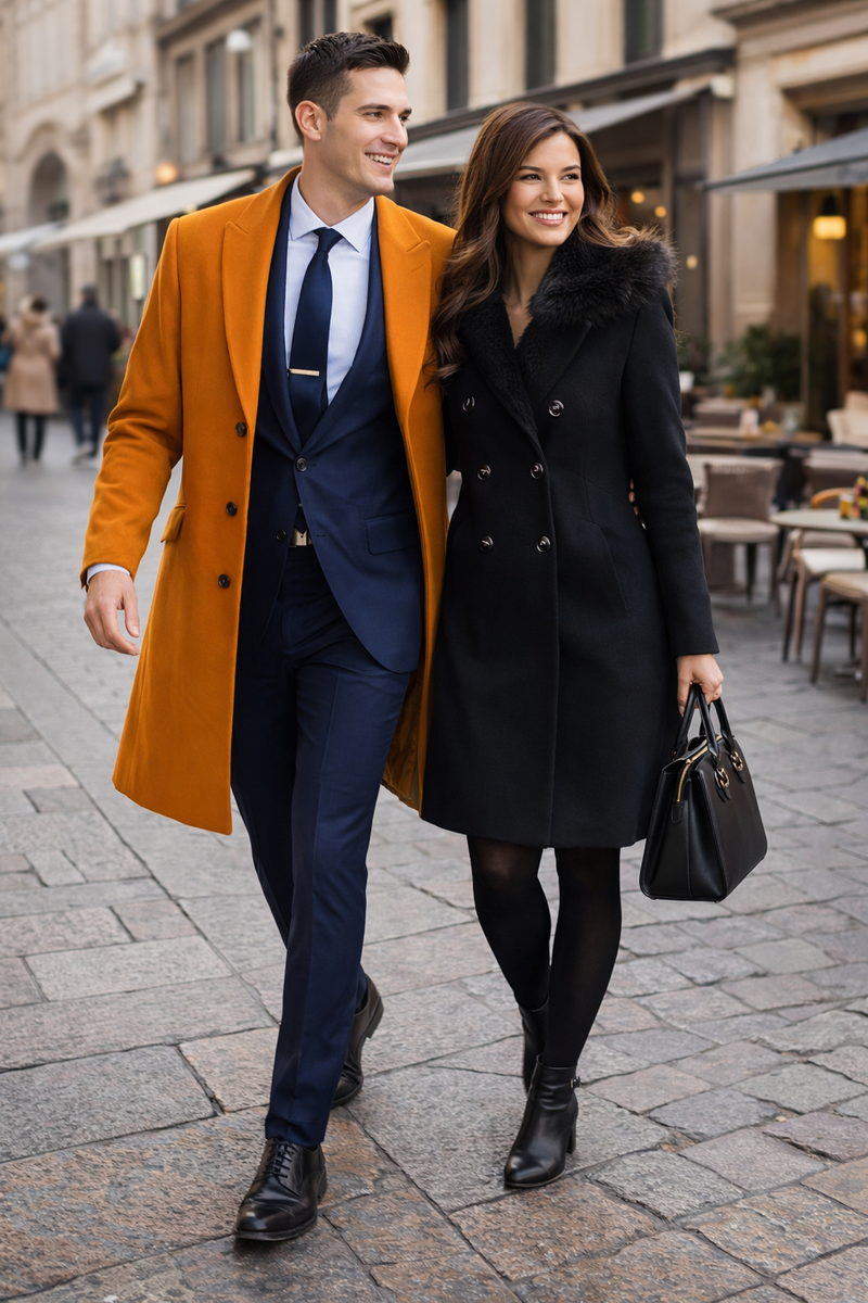 Mens Carcoat - Orange Three Quarter Peak Lapel Topcoat