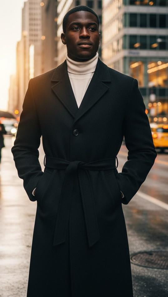 Men's black, full-length overcoat. Tailored, single-breasted with wide lapels and a waist belt. Dense, smooth fabric. Side pockets. Fitted structure. No patterns or embellishments.