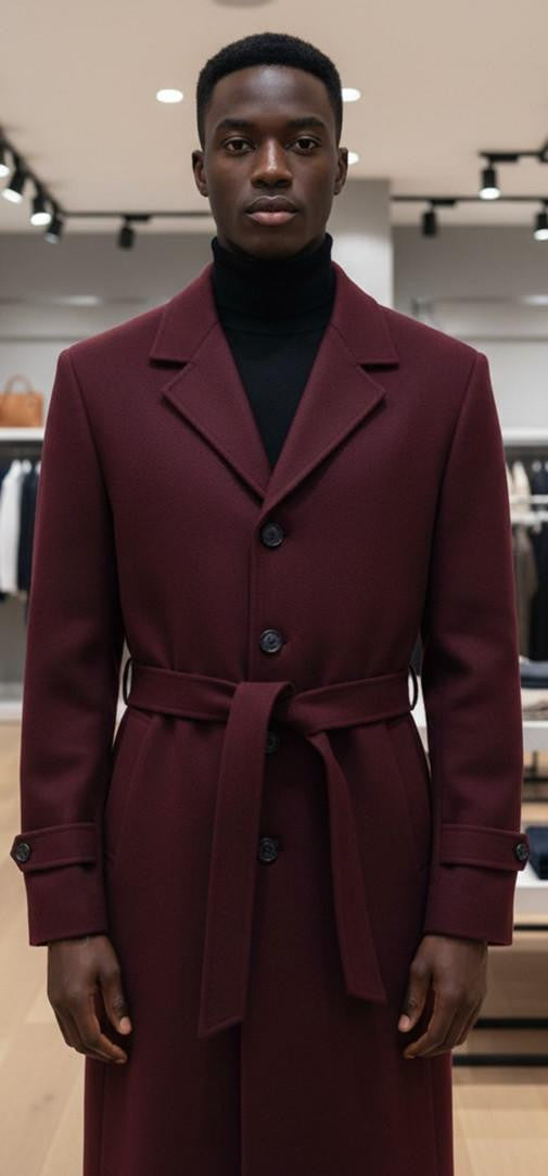 Men's burgundy overcoat: full-length, wool blend, belted waist, notch collar, button closure. Features buttoned cuffs & structured silhouette. Deep burgundy color.