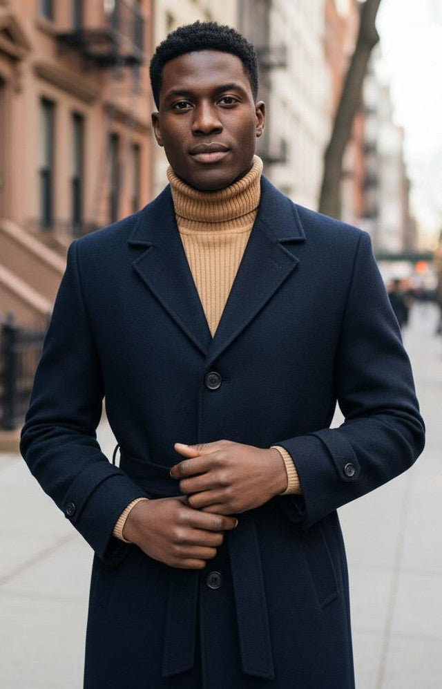 Navy men's overcoat with tailored silhouette. Full-length, belted, double-breasted. Wool blend with a smooth texture. Classic and refined.