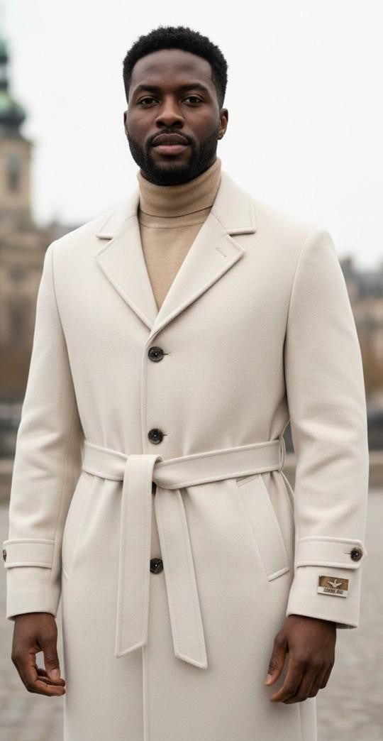 Alberto Nardoni Off-White overcoat for men. Full-length, belted, structured silhouette, mid-calf. Soft cream fabric, notched lapel, front buttons, belt. Side pockets, buttoned cuffs, branded detail.