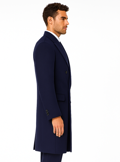 Mens Cashmere Blend Blue Coat Full length Overcoat