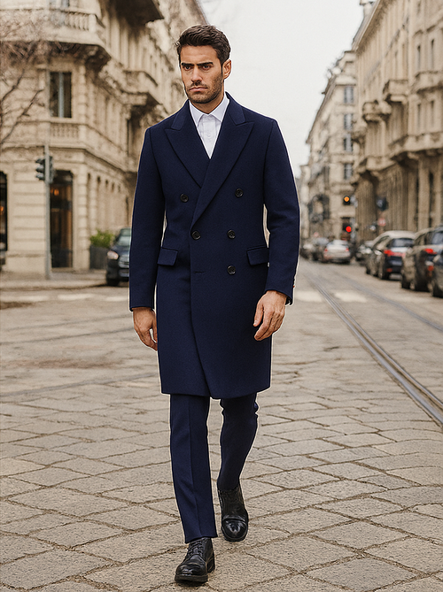 Mens Cashmere Blend Blue Coat Full length Overcoat