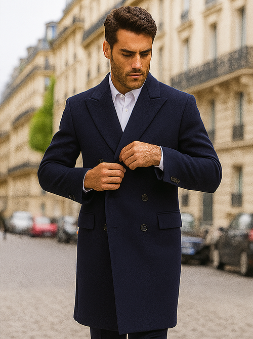 Mens Cashmere Blend Blue Coat Full length Overcoat