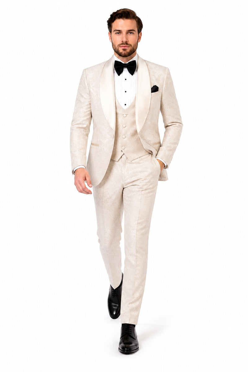 Men One Button Floral All Champagne Tuxedo – 3 Piece