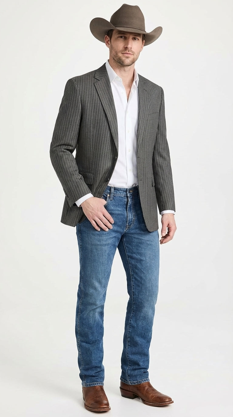 Mens Charcoal Gray Pinstripe Western Blazer – Classic Cowboy Style Jacket for Business, Formal and Smart Casual Wear