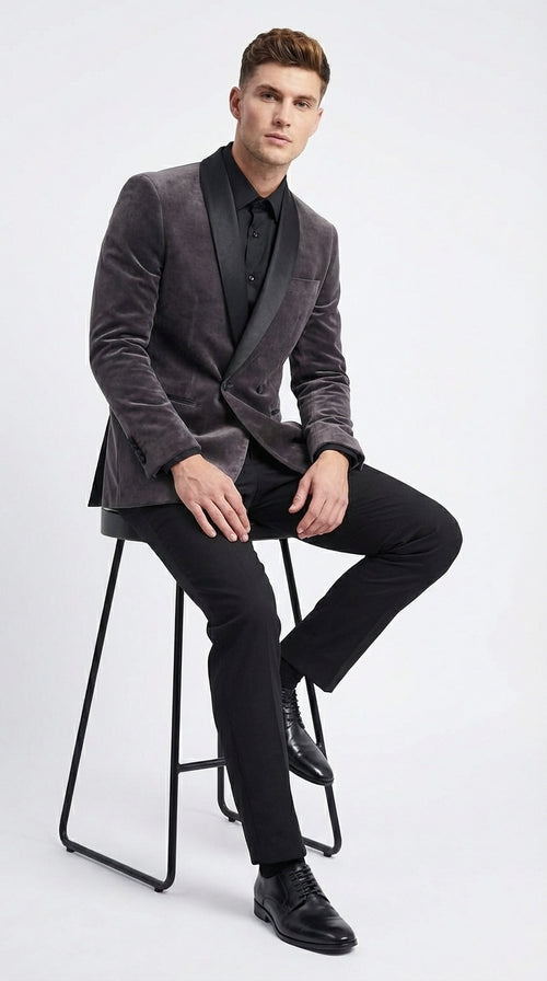 Mens Charcoal Gray Velvet Tuxedo Suit – Luxury Formal Wedding Suit with Black Shawl Lapel for Prom, Party Black Pants