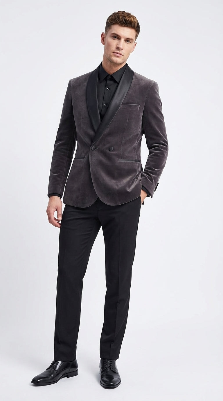 Mens Charcoal Gray Velvet Tuxedo Suit – Luxury Formal Wedding Suit with Black Shawl Lapel for Prom, Party Black Pants