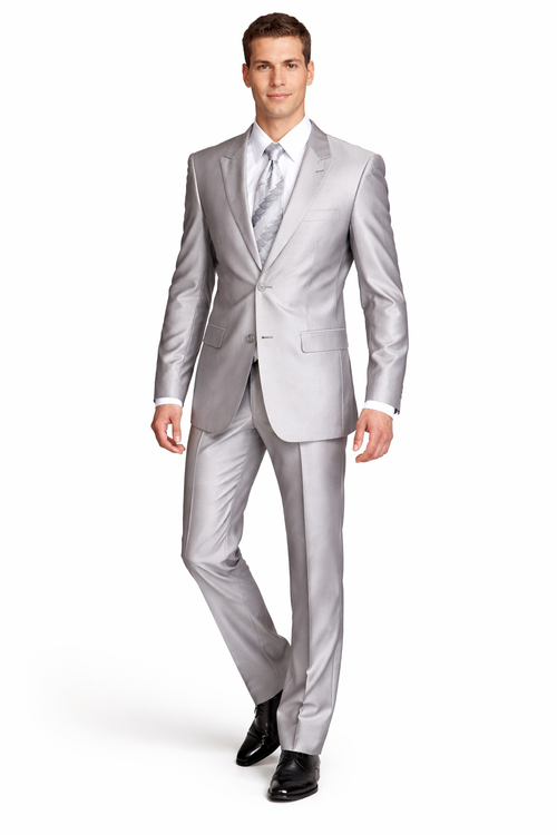 Mens Cheap Grey Suit Mens 2 Button Peak Lapel Shiny Sharkskin Suit in Silver Grey