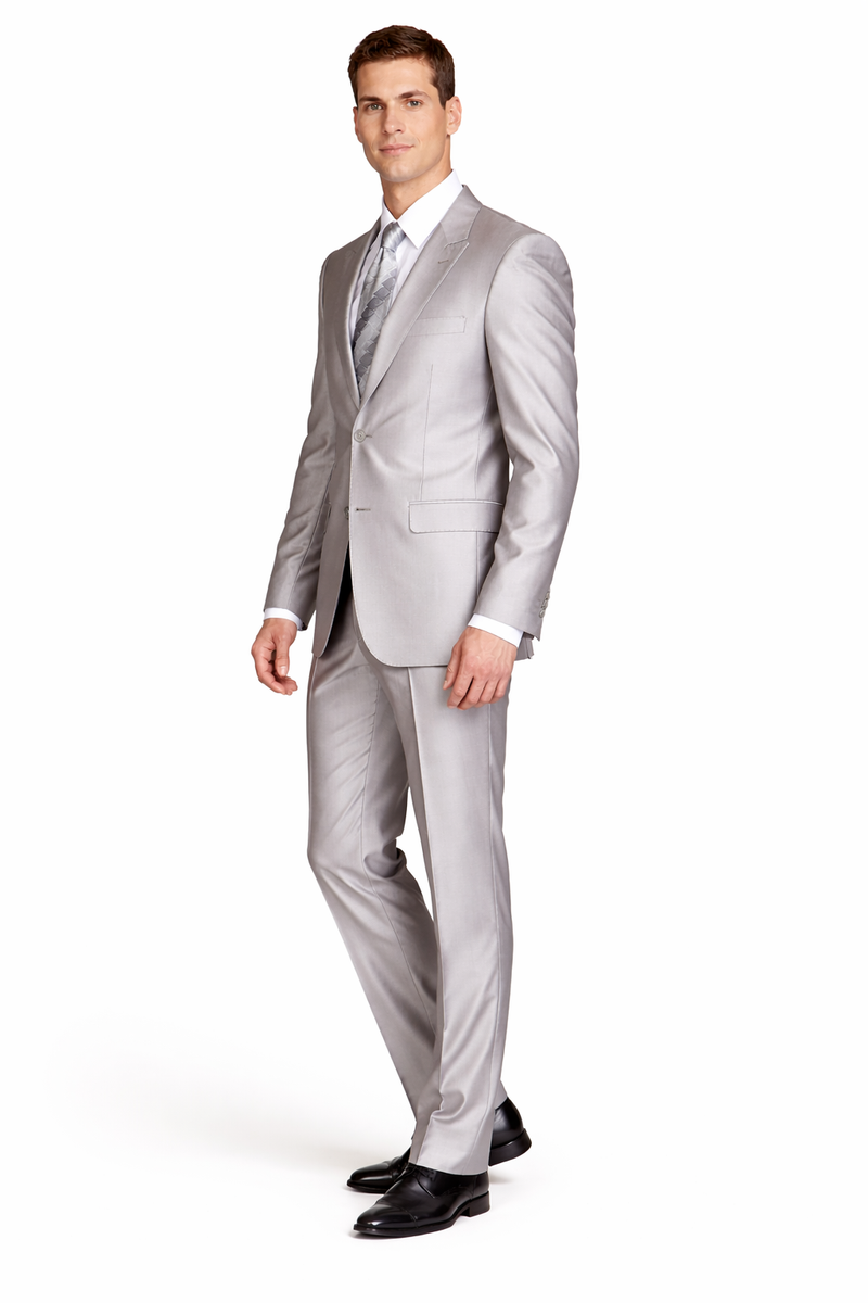 Mens Cheap Grey Suit Mens 2 Button Peak Lapel Shiny Sharkskin Suit in Silver Grey