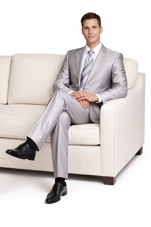 Mens Cheap Grey Suit Mens 2 Button Peak Lapel Shiny Sharkskin Suit in Silver Grey